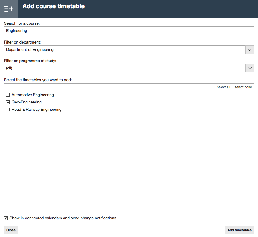 Window for finding and adding timetables